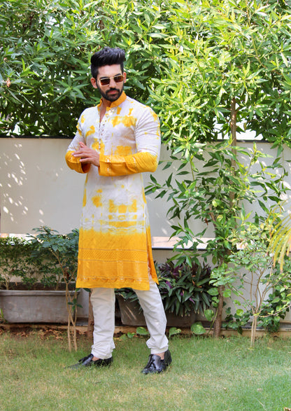 Yellow Batik Print Kurta with Self-Embroidery