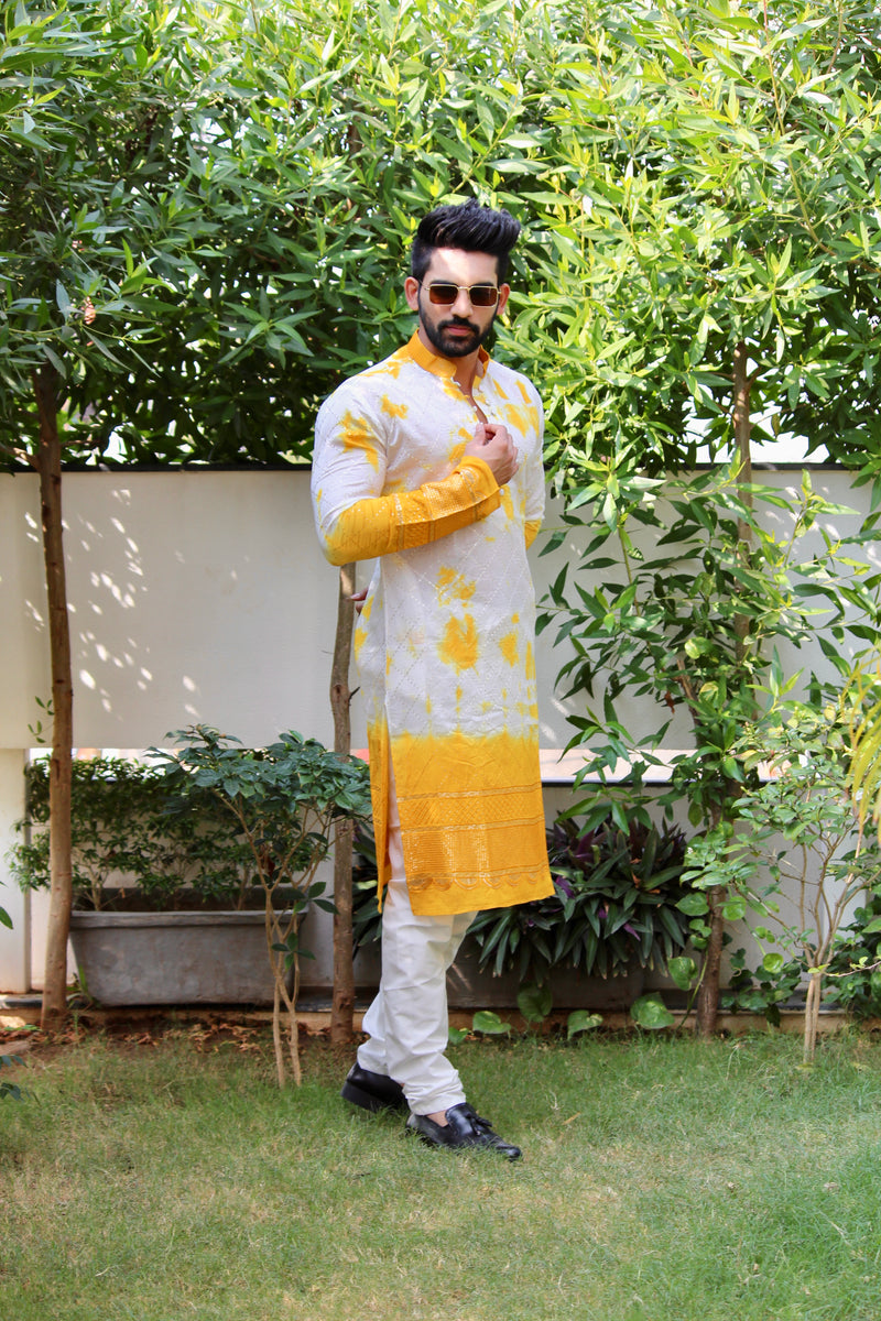 Buy Yellow Batik Print Kurta with Self-Embroidery