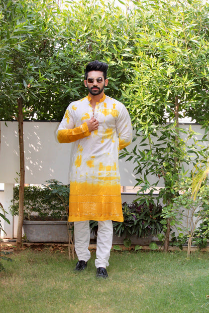 Yellow Batik Print Kurta with Self-Embroidery