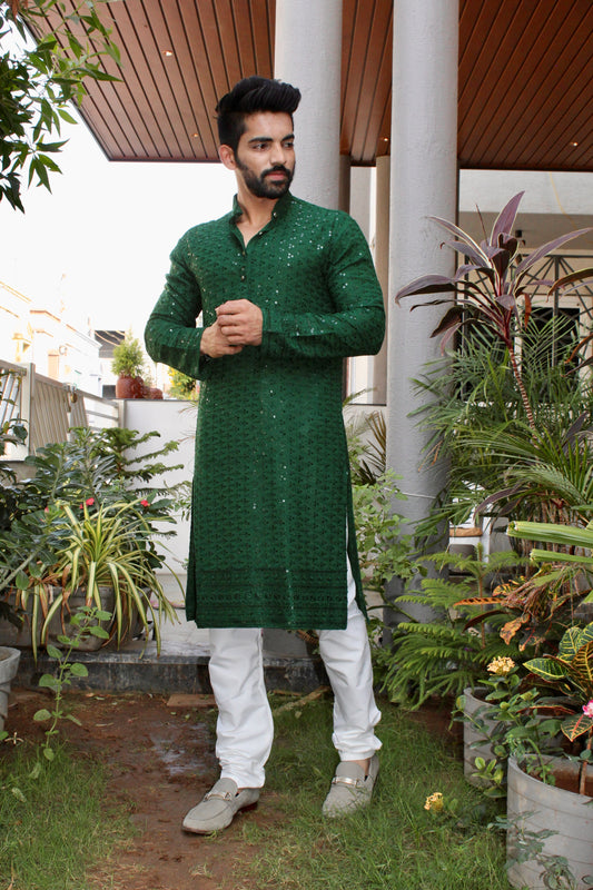 Green Self-Embroidered Kurta with Sequence