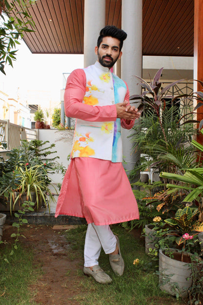 Cotton Silk Embroidered Kurta with Multiprint Basecoat