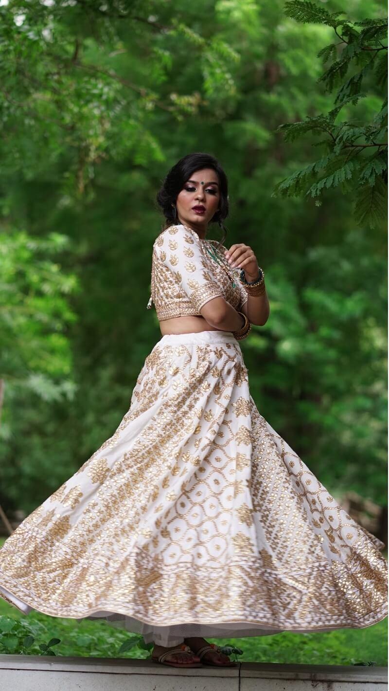 White Gotta Lehenga And Golden Dupatta. - Kzari - The Design Studio