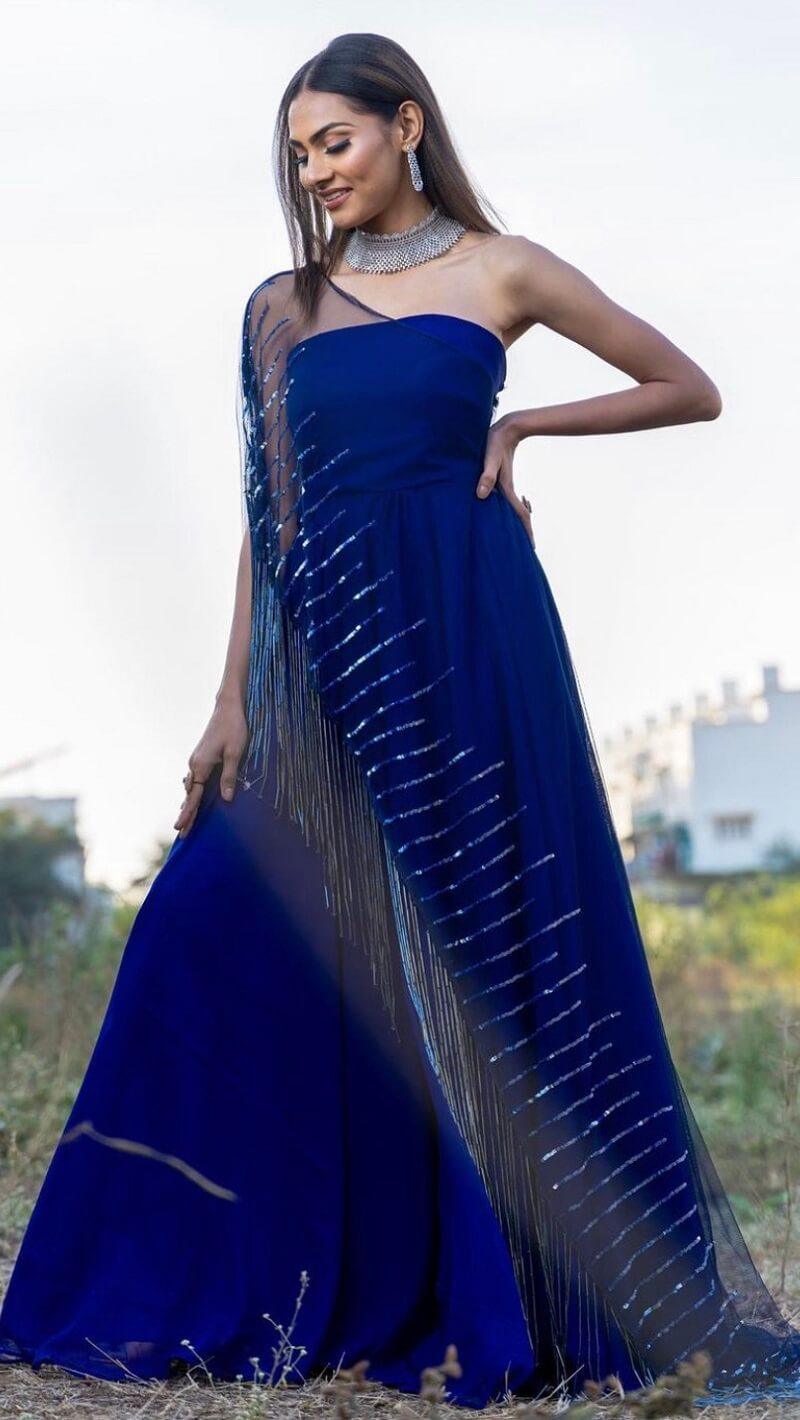 Blue Gown With Cape Tassels - Kzari - The Design Studio