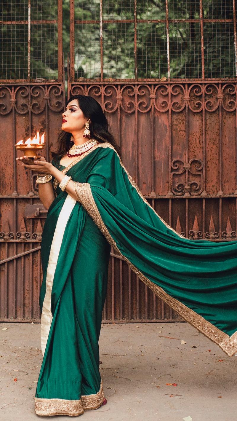 Green Crape Saree - Kzari - The Design Studio