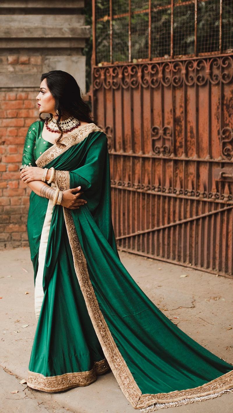 Green Crape Saree - Kzari - The Design Studio